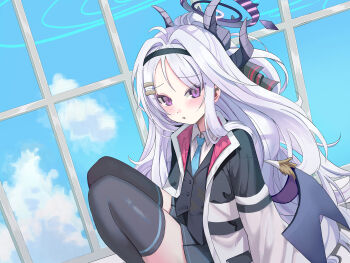 1girl absurdres ahoge black_thighhighs blue_archive blue_sky breasts commentary_request cosplay demon_girl demon_horns demon_wings ento_(user_jjce7387) halo highres hina_(blue_archive) horns indoors kei_(blue_archive) kei_(blue_archive)_(cosplay) long_hair looking_at_viewer low_wings open_mouth purple_eyes purple_halo sky small_breasts solo thighhighs thighs very_long_hair white_hair wings