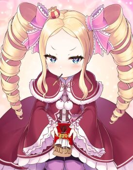 1girl beatrice_(re:zero) blonde_hair blue_eyes capelet dress drill_hair food food_in_mouth frills fur_trim fuzzy_balls highres pink_dress pocky pocky_day pocky_in_mouth re:zero_kara_hajimeru_isekai_seikatsu twin_drills