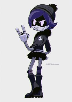 1girl beanie_hat boots choker glitch_productions grin hat highres hood hoodie murder_drones purple_eyes purple_hair robot smile striped_legwear uzi_(murder_drones)