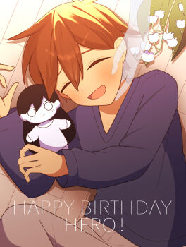 Rule 34 | 1boy, 1girl, amatomato 0141, antenna hair, blue sweater, blush, brown hair, character doll, closed eyes, commentary, dark-skinned male, dark skin, doll, double-parted bangs, english text, flower, grey pants, hair between eyes, happy birthday, hero (faraway) (omori), hero (omori), highres, holding, holding stuffed toy, lily of the valley, long sleeves, male focus, mari (omori), mari (spirit) (omori), omori, open mouth, pants, short hair, smile, stuffed animal, stuffed toy, sweater