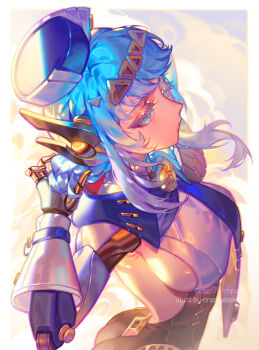 Rule 34 | 1girl, android, blue cape, blue eyes, blue hair, breasts, cape, from above, genshin impact, hair bun, hand in own hair, hat, highres, ineffa (genshin impact), joints, medium breasts, orange sekaii, robot ears, robot joints, short hair, sideboob, sidelighting, sidelocks, solo, upper body