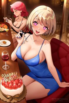 2girls bare_shoulders black_dress blonde_hair blue_dress blue_nails breasts cake cellphone chair cleavage closed_mouth collarbone commentary dress english_commentary food fork fruit happy_birthday highres holding holding_phone jewelry large_breasts looking_at_viewer multiple_girls nail_polish necklace on_chair open_mouth original pantheon_eve phone pink_hair red_hair red_nails short_hair sitting smartphone smile strawberry strawberry_cake symbol-shaped_pupils vanilla_(eden_(shiroki_yuutsu)) yellow_eyes