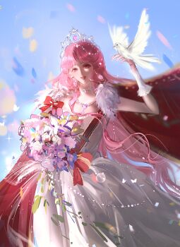 Rule 34 | 1girl, absurdly long hair, absurdres, bead choker, bead necklace, beads, bird, bird on hand, blue sky, bouquet, brown eyes, cape, chinese commentary, choker, commentary request, confetti, cowboy shot, day, dove, dress, earrings, eyelashes, floating cape, flower, frilled arm warmers, frilled choker, frills, fur-trimmed cape, fur trim, gem, hair beads, hair ornament, haoyuzhishijie31369, happy, heart, heart necklace, highres, holding, holding bouquet, jewelry, light particles, lipstick, long dress, long hair, makeup, miracle nikki, necklace, nikki (nikki), nikki (series), open mouth, outdoors, pink gemstone, pink hair, pleated dress, purple flower, realistic, red cape, red lips, single sidelock, sky, smile, solo, standing, strapless, strapless dress, teeth, tiara, upper teeth only, very long hair, wavy hair, when blossoms gather (miracle nikki), white arm warmers, white choker, white dress, wind