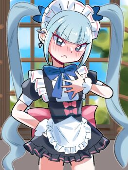 1girl apron blue_eyes blue_hair blush futate_eru kimi_no_koto_ga_dai_dai_dai_dai_daisuki_na_100-nin_no_kanojo long_hair maid maid_headdress maid_tiger twintails