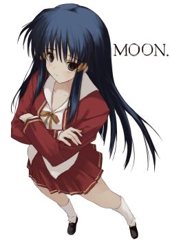 1girl amasawa_ikumi black_shoes blue_eyes blue_hair blush closed_mouth copyright_name crossed_arms from_above hair_ornament hairclip highres jacket kneehighs loafers long_hair long_sleeves looking_at_viewer moon_(game) neck_ribbon numata_eki pleated_skirt red_jacket red_skirt ribbon sailor_collar school_uniform shirt shoes simple_background skirt socks solo untucked_shirt white_background white_sailor_collar white_shirt white_socks yellow_ribbon