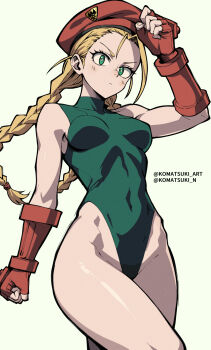 1girl arm_armor ass beret blonde_hair breasts cammy_white covered_navel cowboy_shot gloves green_eyes green_leotard hat highres hip_bones komatsuki_n leotard long_hair medium_breasts scuffed simple_background small_breasts solo street_fighter twintails twitter_username upper_body