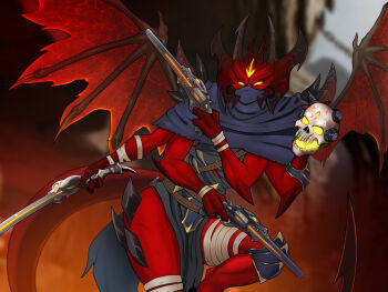 1girl 1other alternate_form androgynous bald bald_female bandaged_leg bandages black_capelet black_horns capelet colored_sclera colored_skin commentary covered_mouth demon_girl demon_horns demon_tail demon_wings dress english_commentary extra_arms fewer_digits glowing glowing_eyes grey_dress gun handgun hell holding holding_gun holding_skull holding_weapon horns knee_pads long_tail meme metal:_hellsinger paz_(metal:_hellsinger) pelvic_curtain quadruple_wielding red_horns red_skin red_tail red_wings revolver scar scar_on_leg skull solo_focus spacemaxmarine tail the_cooler_daniel_(meme) the_unknown_(metal:_hellsinger) third_eye torn_wings weapon wings yellow_sclera