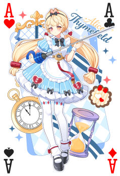 1girl absurdres alice_thymefield animal_ears apron black_shoes blonde_hair clock closed_mouth club_(shape) commentary_request diamond_(shape) dress ff2074 full_body hair_ornament heart highres holding hourglass leggings long_hair looking_at_viewer rabbit_ears red_eyes ribbon shoes smile solo spade_(shape) star_(symbol) twintails white_leggings zenless_zone_zero