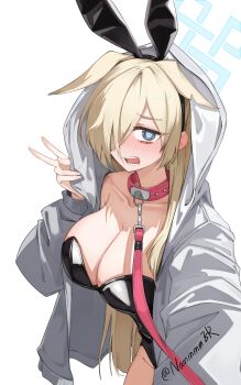 1girl @_@ absurdres alternate_costume animal_collar animal_ear_hairband animal_ears black_hairband black_leotard blonde_hair blue_archive blue_eyes blue_halo blush breasts cleavage collar collarbone commentary cowboy_shot ear_blush embarrassed extra_ears fake_animal_ears floppy_ears furrowed_brow groin hair_over_one_eye hairband halo hand_up highres hood hood_up hooded_jacket jacket kanna_(blue_archive) large_breasts leash leotard long_bangs long_hair long_sleeves making-of_available nammmmer nose_blush one_eye_covered open_clothes open_jacket open_mouth pink_collar playboy_bunny pov rabbit_ears rectangular_halo sharp_teeth simple_background solo strapless strapless_leotard tearing_up teeth twitter_username v very_long_hair viewer_holding_leash white_background