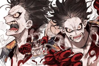 Rule 34 | 1boy, abs, blue shorts, commentary request, gear fourth, gear fourth: boundman, hagoromo, korean commentary, male focus, mnnd, monkey d. luffy, one piece, open mouth, pink eyes, sash, scar, scar on chest, scar on face, shawl, shorts, veins, yellow sash