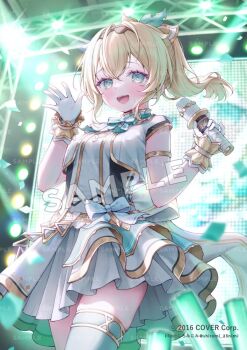 1girl aqua_bow aqua_bowtie aqua_eyes armlet artist_name back_bow blonde_hair blush bow bow_skirt bowtie commentary_request company_name concert copyright_name cowboy_shot double-parted_bangs dress eyelashes frilled_skirt frilled_wrist_cuffs frills gloves glowstick gold_trim hair_intakes hair_ornament headband high_ponytail holding holding_microphone hololive hololive_idol_uniform_(origin) idol_clothes jewelry kazama_iroha layered_skirt leaf_hair_ornament microphone miniskirt multicolored_dress official_alternate_costume official_art open_mouth overskirt penlight_(glowstick) pleated_skirt ponytail sample_watermark shiroromi short_dress short_hair sidelocks skirt skirt_set smile solo stage stage_lights thighhighs twitter_username vest virtual_youtuber watermark white_gloves wrist_cuffs