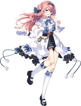 1girl :d absurdres black_hairband black_shoes black_skirt blue_eyes clothing_cutout commentary_request full_body hairband highres kneehighs lily0428 long_hair long_sleeves looking_at_viewer open_mouth original pink_hair pom_pom_(clothes) shoes simple_background skirt smile socks solo transparent_background white_socks