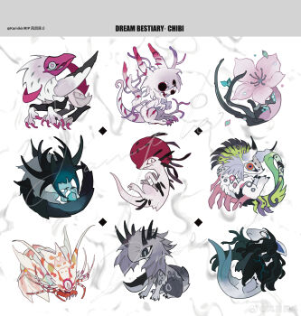 Rule 34 | absurdres, animal, animal focus, bird, black claws, black eyes, black fur, black horns, black tail, body fur, chibi, chibi only, claws, creature, creature focus, feathers, flower, flower head, full body, glowing, green feathers, green tail, grey fur, grey pupils, grey tail, highres, horns, kamikiririp, multicolored eyes, multicolored feathers, multicolored horns, no humans, orange eyes, original, pink flower, reptile, simple background, sitting, two-tone horns, watermark, weibo watermark, white background, white feathers, white wings, wings