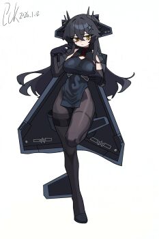 aircraft airplane bare_shoulders black_dress black_gloves black_pantyhose black_shoes blush breasts cape china_dress chinese_clothes cleavage_cutout clothing_cutout covered_collarbone covered_navel dress elbow_gloves full_body gloves grabbing_own_breast hair_between_eyes head_tilt high_heels highres horns j-20_(personification) large_breasts long_hair long_sidelocks original pantyhose pckcool personification pointing pointing_at_self shoes sidelocks signature standing standing_on_one_leg thigh_strap thighband_pantyhose tsurime unkempt yellow_eyes