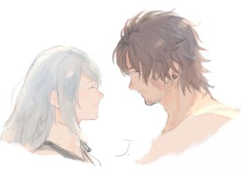 1boy 1girl beard_stubble black_hair black_ribbon clive_rosfield closed_eyes closed_mouth cropped_torso facial_hair facial_scar final_fantasy final_fantasy_xvi grey_hair j2_path jill_warrick light_smile long_hair looking_at_another neck_ribbon profile ribbon scar scar_on_cheek scar_on_face shirt short_hair sketch stubble swept_bangs white_background white_shirt