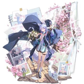 1girl 3mo animal_ear_fluff animal_ears antenna_hair arknights beret black_hair black_shoes blaze_(arknights) blaze_the_igniting_spark_(arknights) blue_coat blue_hat book bouquet bracelet braid calligraphy_brush cat cat_ears cat_girl cat_tail character_print chinese_clothes closed_mouth coat curtains dress earrings falling_paper falling_petals flower flower_earrings full_body grey_hair hair_between_eyes hair_ornament hairband hairclip hat hat_flower high_ponytail highres holding holding_book holding_bouquet holding_unworn_clothes holding_unworn_hat hug jewelry letter long_hair looking_at_viewer mary_janes mole mole_under_mouth multiple_rings official_alternate_costume official_art paintbrush paperclip petals photo_(object) pink_flower pink_petals ponytail postage_stamp purple_dress purple_eyes purple_flower purple_ribbon red_hairband ribbon ring self_character_print shoes short_sleeves smile socks solo standing tachi-e tail tangzhuang thigh_strap third-party_source transparent_background twin_braids unworn_hat unworn_headwear white_flower white_socks wide_sleeves window wooden_floor xingzhu_(arknights) xingzhu_(spring_in_her_lens)_(arknights)