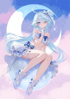 1girl ahoge bare_shoulders blue_bow blue_eyes blue_hair blue_skirt blue_streaks blush bow chest_bow commentary_request crescent_moon detached_sleeves frilled_skirt frilled_sleeves frilled_tube_top frills full_moon furina_(genshin_impact) genshin_impact gloves hair_between_eyes hair_bow hair_bun highres layered_skirt long_hair midriff moon multicolored_hair navel one_eye_closed riku_(rrr_gns) short_sleeves single_hair_bun sitting skirt socks solo strapless streaked_hair thigh_strap tube_top vision_(genshin_impact) white_bow white_gloves white_hair white_sleeves white_socks white_tube_top