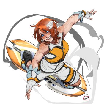 1girl 2017 alternate_costume artist_name balancing bare_legs black_trim blue_eyes body_freckles breasts commentary english_commentary feather_hair_ornament female_focus fingerless_gloves freckles from_above full_body garuye gloves hair_ornament happy hoverboard jacket legs_apart looking_at_viewer medium_breasts multicolored_jacket orange_hair outstretched_arms princess_elise_the_third sega shoes short_hair shorts sleeveless sleeveless_jacket smile solo sonic_(series) sonic_riders_(series) sonic_the_hedgehog_(2006) transparent_background two-tone_jacket white_gloves white_jacket white_shoes white_shorts wind