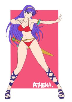 1girl amazon amazon_warrior asamiya_athena bikini breasts brokensouthpaw caiman_(artist) female_focus gold headband jewelry large_breasts long_hair medium_breasts princess_athena purple_hair red_bikini shoes snk snk_heroines:_tag_team_frenzy standing swimsuit the_king_of_fighters thighs