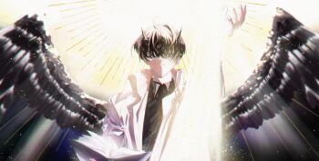 1boy absurdres backlighting black_hair black_shirt black_wings book coat collared_shirt demon_horns feathered_wings glowing hand_up highres holding holding_book horns kim_dokja light_rays male_focus night omniscient_reader&#039;s_viewpoint open_book open_clothes open_coat roellm shirt short_hair solo sun_behind_head white_coat wings