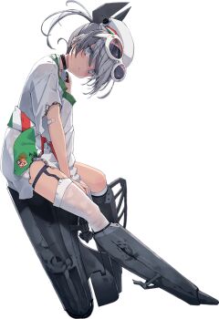 1girl bad_link ballet_boots black_one-piece_swimsuit burnt_clothes dace_(kancolle) dixie_cup_hat eyewear_on_head full_body garter_straps grey_eyes grey_hair hat headgear kantai_collection leonardo_da_vinci_(kancolle) looking_at_viewer machinery military_hat multicolored_sash official_art one-piece_swimsuit sash shirt shizuma_yoshinori side_ponytail single_garter_strap single_thighhigh sitting sleeves_past_fingers sleeves_past_wrists solo sunglasses swimsuit swimsuit_under_clothes thighhighs transparent_background white_hat white_shirt