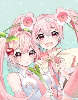 2girls aqua_hair bare_shoulders blush breasts cherry_hair_ornament collared_shirt commentary dated dress dual_persona flower flower_in_eye food-themed_hair_ornament gradient_hair hair_between_eyes hair_flower hair_ornament hatsune_miku headphones headset highres holding holding_microphone long_hair long_sleeves looking_at_viewer magical_mirai_miku magical_mirai_miku_(2021) masumofu medium_breasts microphone multicolored_hair multiple_girls necktie official_alternate_costume official_alternate_hairstyle open_mouth pink_dress pink_eyes pink_flower pink_hair pink_necktie pink_ribbon ribbon sakura_miku shirt sleeveless sleeveless_shirt smile solo spring_onion symbol-only_commentary symbol_in_eye twintails upper_body very_long_hair vocaloid white_trim wide_sleeves