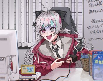 @_@ ahoge black_choker black_necktie choker cold_pack commentary_request controller famicom fingerless_gloves game_console game_controller gamecenter_cx gloves grey_eyes grey_hair gyoranden highres holding holding_controller holding_game_controller indoors ishigami_nozomi ishigami_nozomi_(school_uniform) jacket long_hair long_sleeves necktie nijisanji open_mouth parody playing_games playing_video_games red_eyes red_jacket shirt single_fingerless_glove smile table television turn_pale v-shaped_eyebrows virtual_youtuber white_shirt