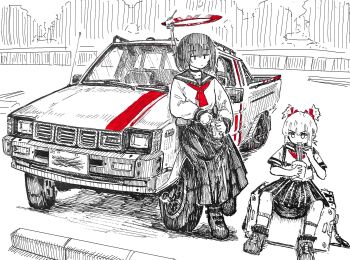 >:) 2girls asahi_(shiokaze1409) beer_can can car chopsticks deadpan drink_can eating food halo highres holding holding_chopsticks instant_cup_noodles instant_noodles mechanical_halo motor_vehicle multiple_girls noodles original outdoors ramen sailor_collar shiokaze1409 sitting skirt toyota toyota_hilux v-shaped_eyebrows vehicle_request yuuko_(shiokaze1409)