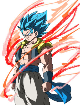 1boy abs aura black_vest blue_eyes blue_hair blue_sash cowboy_shot cropped_vest dragon_ball dragon_ball_super dragon_ball_super_broly fenyon gogeta highres male_focus medium_hair metamoran_vest no_shirt pants sash simple_background smirk solo spiked_hair super_saiyan super_saiyan_blue vest white_background white_pants