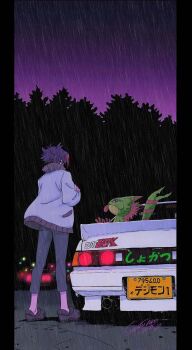 black_border black_pants blonde_hair blue_hair border car copyright_name digimon digimon_(creature) digimon_beatbreak from_behind full_body gecko gekkomon highres jacket male_focus motor_vehicle multicolored_hair outdoors pants poster_(medium) rain tenma_tomoro two-tone_hair white_jacket zijing_zhuge