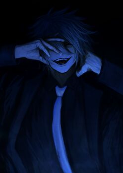 1boy absurdres black_suit business_suit closed_eyes commission commissioner_upload crain1art dark_background date_a_live formal_clothes hand_on_own_face highres laughing male_focus necktie non-web_source open_mouth sir_isaac_ray_peram_westcott suit white_hair white_necktie