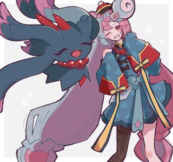 1girl bow-shaped_hair character_hair_ornament dress enekonoshippo27 flutter_mane green_dress green_shrug green_sleeves hair_ornament iono_(fall_2024)_(pokemon) iono_(pokemon) jiangshi_costume multicolored_hair nintendo official_alternate_costume pokemon pokemon_(creature) pokemon_masters_ex sharp_teeth shrug_(clothing) single_leg_pantyhose sleeves_past_fingers sleeves_past_wrists spell_tag split-color_hair star_(symbol) teeth two-tone_hair white_background