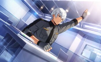 Rule 34 | 1boy, arm up, black necktie, blue eyes, breast pocket, closed mouth, collared shirt, dark-skinned male, dark skin, fingerless gloves, fingernails, game cg, gloves, grey gloves, happy elements, helios rising heroes, highres, indoors, long sleeves, mahjong, male focus, necktie, non-web source, official art, oscar bale, pocket, shirt, short hair, solo, table, upper body, white hair