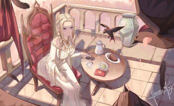 1girl artist_name bird blonde_hair braid braided_ponytail closed_mouth commentary commission cup dress falling_petals hand_on_lap highres jewelry necklace noomuaz petals purple_eyes sitting smile solo sylvia_indrath teacup the_beginning_after_the_end white_dress