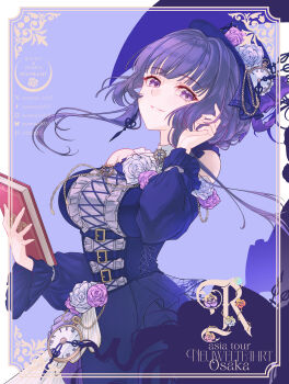 1girl absurdres bang_dream! blue_corset blue_dress blue_hat breasts center_frills clock clothing_cutout commentary corset dress earrings flower frills hand_up hat highres jewelry large_breasts long_hair looking_at_viewer open_mouth pink_flower pink_rose purple_eyes purple_hair rose shirokane_rinko shoulder_cutout solo white_flower white_rose yue_mao_(yukinihime)