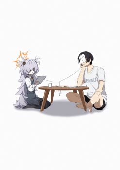 Rule 34 | 1boy, 1girl, absurdres, black pantyhose, blue archive, chabudai, commentary, cup, doodle sensei (blue archive), earbuds, earphones, fuhao10708, grey hair, grey skirt, hair over one eye, head rest, highres, holding, holding paper, indian style, kanoe (blue archive), long hair, long sleeves, pantyhose, paper, paper on head, reading, school uniform, seiza, sensei (blue archive), shared earphones, shirt, simple background, sitting, skirt, symbol-only commentary, table, very long hair, white background, white shirt, wide shot