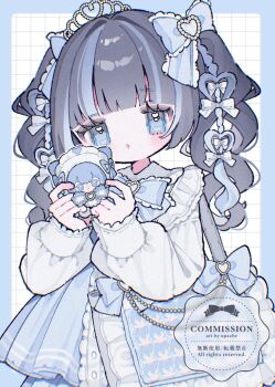 1girl :o artist_name black_hair blue_border blue_bow blue_bowtie blue_eyes blue_hair blue_skirt blunt_bangs blush border bow bowtie collared_shirt commentary commission cowboy_shot frilled_bowtie frilled_shirt_collar frills grid_background hair_bow highres long_sleeves multicolored_hair open_mouth original outside_border shirt skirt solo streaked_hair symbol-only_commentary twintails two-tone_hair upa_papa_co watermark white_background white_shirt