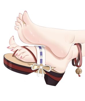 1girl artist_request feet feet_only flip-flops foot_focus foot_up genshin_impact geta high_heel_sandals highres japanese_clothes jewelry nail_polish nontraditional_miko pink_toenails platform_sandals sandals simple_background single_sandal soles spread_toes sweat toe_ring toenail_polish toenails toes toes_up white_background yae_miko