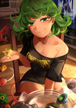 1girl 1other absurdres beyblade_(object) black_shirt blush breasts broken cleavage closed_mouth clothes_writing commentary computer curly_hair english_commentary flipped_hair game_console gamecube green_eyes green_hair hand_up highres indoors khyle. laptop looking_at_viewer medium_breasts medium_hair computer_mouse naughty_face no_bra off-shoulder_shirt off_shoulder one-punch_man open_hand patreon_username playing_games print_shirt shirt short_hair short_shorts shorts single_bare_shoulder sitting small_breasts smile solo_focus strap_slip t-shirt table tatsumaki telekinesis television thighs watermark web_address white_shorts