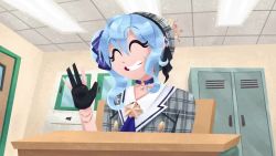 2boys 2snacks_(artist) 5girls akai_haato akai_haato_(gothic_lolita) analog_clock animated aqua_eyes asymmetrical_hair audible_music audible_speech bad_food bea_(duolingo) beret bird black_capelet black_dress black_gloves black_hair blonde_hair blue_choker blue_eyes blue_hair blue_neckwear blue_ribbon blue_shirt book bow bowtie bracelet bug capelet ceiling_light chalk chalkboard cheek_rest choker classroom clock closed_eyes closed_mouth crown dark-skinned_female dark-skinned_male dark_skin desk door dress duo_(duolingo) duolingo eating english_audio eyelashes eyepatch eyepatch_lift facial_hair fingerless_gloves food gloves grey_headwear grey_jacket grin hair_between_eyes hair_ornament hair_ribbon hairclip hand_on_own_cheek hand_on_own_face hat headband heart heart_hair_ornament heart_print hijab holding holding_chalk hololive hoshimachi_suisei hoshimachi_suisei_(1st_costume) index_finger_raised indoors jacket jewelry junior_(duolingo) larva light_blue_hair lily_(duolingo) locker long_hair long_sleeves looking_at_viewer looking_back lunchbox medical_eyepatch medium_hair mini_crown multiple_boys multiple_girls music mustache necktie official_alternate_costume one_eye_covered open_mouth oscar_(duolingo) own_hands_clasped own_hands_together pink_hijab pink_shirt plaid_clothes plaid_hat plaid_jacket purple_hair purple_sweater red_neckwear red_ribbon ribbon sandwich school_desk shirt short_hair short_necktie side_ponytail sitting smile sound speaker star-shaped_pupils star_(symbol) star_choker star_in_eye striped_ribbon sweater symbol-shaped_pupils symbol_in_eye teeth tile_floor tiles two_side_up upper_body video virtual_youtuber waving writing x_hair_ornament yellow_sweater zari_(duolingo)