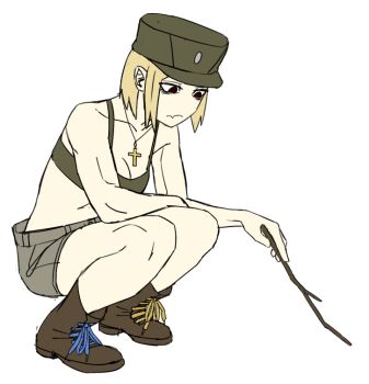 Rule 34 | 1girl, blonde hair, boots, breasts, brown boots, cleavage, cross, cross necklace, fang, from side, hat, holding, holding stick, jewelry, limestone (artist), looking down, marichka, medium breasts, midriff, military hat, narrowed eyes, necklace, no jacket, original, pointing, russo-ukrainian war, short hair, shorts, skin fang, solo, squatting, stick, sticker, transparent background, ukrainian flag