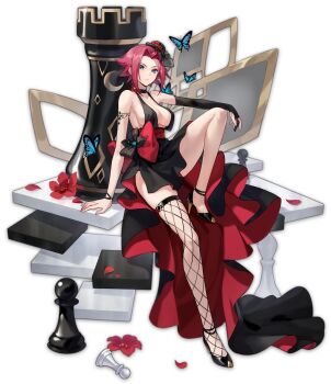 1girl artist_request asymmetrical_gloves asymmetrical_legwear black_dress black_footwear black_gloves blue_eyes bow breasts bug butterfly chess_piece cleavage code_geass dress elbow_gloves fingerless_gloves fishnets flower full_body gloves high_heels highres insect kouzuki_kallen large_breasts mahjong_soul official_art pawn_(chess) petals red_flower red_hair rook_(chess) sideboob sitting solo tachi-e transparent_background