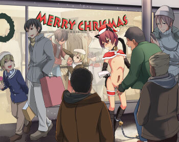 1girl 6+boys age_difference animal_ears body_writing cat_ears chain chained chastity chastity_cage christmas clothed_male_nude_male hakuya_gen hat humiliation merry_christmas multiple_boys neck_bell nude outdoors penis public_indecency road santa_hat sex shota size_difference skinny smile standing street tail testicles translation_request typo walking yaoi