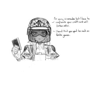 1girl artxkenta card collared_shirt commentary cropped_torso english_commentary english_text goddess_of_victory:_nikke goggles greyscale highres holding holding_card long_hair looking_at_viewer monochrome parted_lips shirt sidelocks simple_background soldier_fa_(nikke) white_background