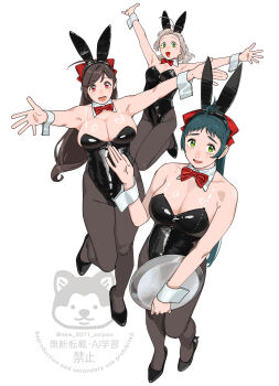 3girls absurdres ahoge animal_ear_hairband animal_ears antenna_hair black_leotard black_pantyhose bow bowtie breasts brown_hair cleavage detached_collar fake_animal_ears from_above green_eyes green_hair hairband half_updo highres irako_(kancolle) jumping kantai_collection kinugasa_(kancolle) kinugasa_kai_ni_(kancolle) large_breasts leotard long_hair mamiya_(kancolle) medium_breasts multiple_girls ojipon pantyhose playboy_bunny ponytail rabbit_ears red_bow red_bowtie red_eyes simple_background strapless strapless_leotard tray watermark white_background wrist_cuffs