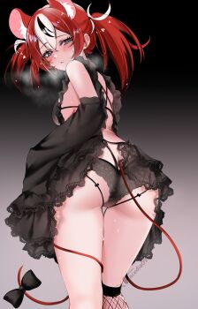 1girl acedia alternate_costume animal_ears ass black_bra black_hair black_panties black_sleeves blue_eyes bow bra breasts colored_tips commentary commentary_request criss-cross_back-straps crossed_bangs detached_sleeves double-parted_bangs english_commentary fishnet_thighhighs fishnets frilled_bra frills from_behind gradient_background hair_between_eyes hakos_baelz heavy_breathing highres hololive hololive_english lace lace-trimmed_sleeves lace_panties lace_trim lingerie long_sleeves looking_at_viewer looking_back medium_breasts mixed-language_commentary mouse_ears mouse_girl mouse_tail multicolored_hair over-kneehighs paid_reward_available panties parted_lips red_hair sideboob single_over-kneehigh single_thighhigh sleeves_past_fingers sleeves_past_wrists solo steam streaked_hair sweat tail tail_around_own_leg tail_bow tail_ornament thighhighs twintails underwear uneven_twintails virtual_youtuber white_hair wide_sleeves