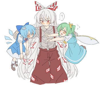 3girls ? an9_(jwns5327) aqua_skirt aqua_vest blue_bow blue_dress blue_hair blush bow brown_shoes chinese_commentary cirno closed_mouth commentary_request daiyousei dress expressionless fairy fairy_wings frown fujiwara_no_mokou green_hair hair_bow hair_ribbon ice ice_wings lifting_person long_hair long_sleeves looking_at_another medium_hair multiple_girls open_mouth pants red_eyes red_pants ribbon shirt shoes short_sleeves skirt socks tearing_up touhou very_long_hair vest white_hair white_shirt white_socks wings