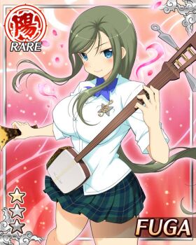 Rule 34 | aura, blue bow, blue bowtie, blue eyes, border, bow, bowtie, breasts, card (medium), character name, closed mouth, english text, fuga (senran kagura), game cg, green hair, green skirt, holding, holding instrument, holding plectrum, instrument, large breasts, long hair, long sleeves, looking at viewer, mole, mole under eye, official alternate costume, official art, parted bangs, plaid clothes, plaid skirt, plectrum, sakigei municipal academy school uniform, school uniform, senran kagura, senran kagura new wave, shamisen, shirt, skirt, smile, treble clef, white shirt