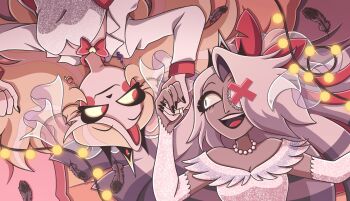 2girls :d apple_earrings bed_sheet black_nails blonde_hair blush_stickers bow bowtie breasts cable charlie_morningstar cleavage colored_sclera commentary couple dark-skinned_female dark_skin detached_sleeves dress earrings english_commentary feathers food-themed_earrings food_themed_earrings formal_clothes from_above grey_hair hair_ornament hazbin_hotel hellaverse highres holding_hands jacket jewelry looking_at_another lying medium_breasts moon-realm multicolored_hair multiple_girls musical_note_earrings nail_polish on_back open_clothes open_jacket open_mouth pillow red_bow red_bowtie red_eyes ring shirt smile suit two-tone_hair vaggie white_dress white_hair white_jacket white_shirt white_suit yellow_sclera yuri