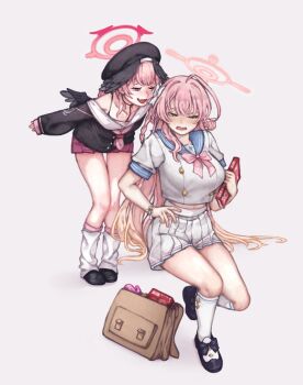 2girls ahoge bag beret black_hat black_shirt black_shoes black_wings blue_archive blue_sailor_collar blush bow bowtie braid breasts commentary_request embarrassed gradient_hair green_eyes halo hanako_(blue_archive) haniwa_(statue) hat head_wings highres huge_ahoge kneehighs koharu_(blue_archive) large_breasts long_hair looking_to_the_side loose_clothes loose_shirt loose_socks multicolored_hair multiple_girls neckerchief open_mouth personality_switch pink_bow pink_bowtie pink_hair pink_halo pink_neckerchief pink_skirt pleated_skirt sailor_collar school_bag shankkei shirt shoes single_braid skirt socks whispering_in_ear white_sailor_collar white_shirt white_skirt white_socks wings